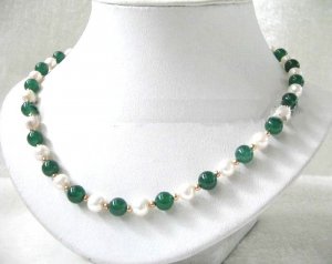 Genuine Green Jade & White Freshwater Pearl Necklace