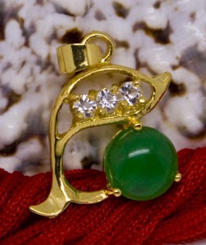 18K Gold Crystal Dolphin Jade Pendant Necklace