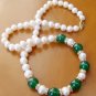 Genuine White Freshwater Pearl Green Jade Necklace Earring Set