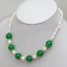 Genuine White Freshwater Pearl Green Jade Necklace Earring Set