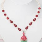 Red Green Jade Freshwater Pearl Necklace Earring Set