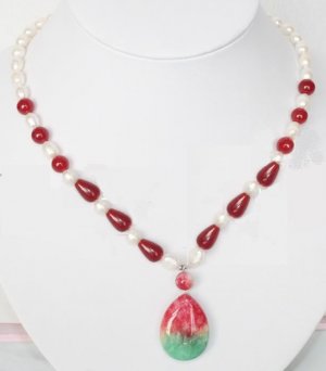 Red Green Jade Freshwater Pearl Necklace Earring Set