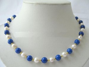 Genuine White Freshwater Pearl Lapis Lazuli Necklace Earring Set