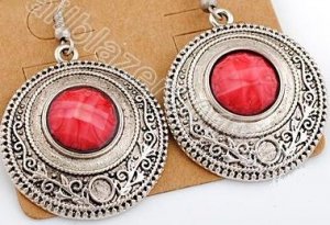 Ethnic Indian Nepali Gypsy Antique Silver Red Circle Round Earrings