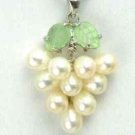 Genuine White Freshwater Pearl "Grape Cluster" Jade Green Leaf Pendant Necklace
