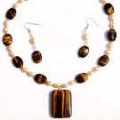 Genuine Freshwater Pearl & Tiger's Eye Pendant Necklace Earring Set