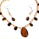 Genuine Pink Freshwater Pearl Tiger's Eye Pendant Necklace Earring Set