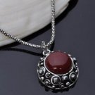 Antique Silver Gothic Blood Red Round Talisman Pendant Necklace