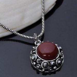 Antique Silver Gothic Blood Red Round Talisman Pendant Necklace