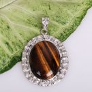 Silver Tiger's Eye Round Circle Pendant Necklace