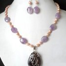 Genuine Amethyst Freshwater Pearl Necklace Earrings Set