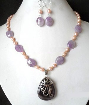Genuine Amethyst Freshwater Pearl Necklace Earrings Set