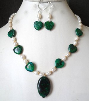 Genuine Chrysocolla Freshwater Pearl Necklace Earrings Set