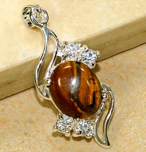 Genuine Tiger's Eye Cubic Zirconia Crystal Pendant Necklace