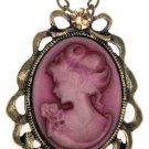 Victorian Scarlet Crimson Cameo Silhouette Antique Brass Flower Pendant Necklace