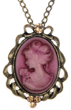 Victorian Scarlet Crimson Cameo Silhouette Antique Brass Flower Pendant Necklace