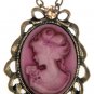 Victorian Scarlet Crimson Cameo Silhouette Antique Brass Flower Pendant Necklace