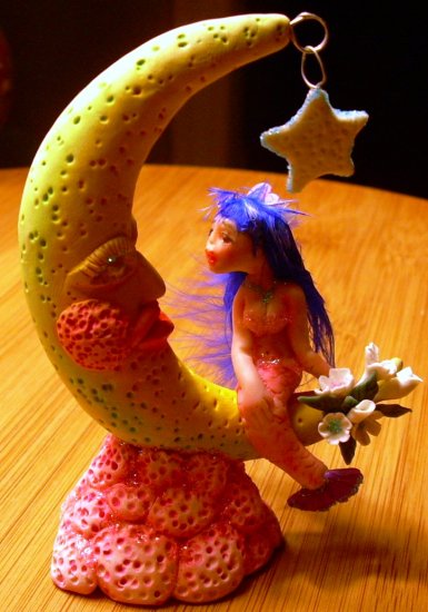 Hand Made Artist Original Polymer Clay Figurative Art Sculpture Title Moon Mermaid#PR00288