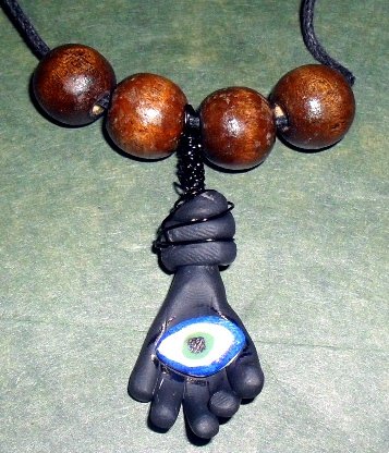 Handcrafted Original Art Sculpture Polymer Clay Jewelry Azabache Hand ,EYE Necklace PR005790