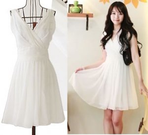 New double v-neck long back zip party chiffon dress white size S