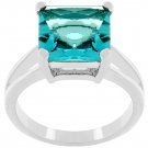 Princess Cut Aquamarine Crystal Solitaire Ring in Rhodium White Gold Silver Tone