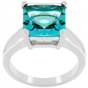 Princess Cut Aquamarine Crystal Solitaire Ring in Rhodium White Gold Silver Tone