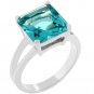 Princess Cut Aquamarine Crystal Solitaire Ring in Rhodium White Gold Silver Tone