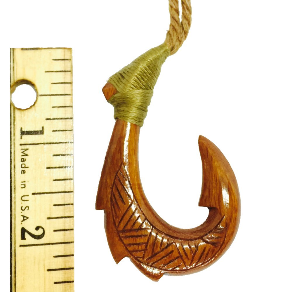 Hawaiian Jewelry Koa Wood Carved Fish Hook Necklace