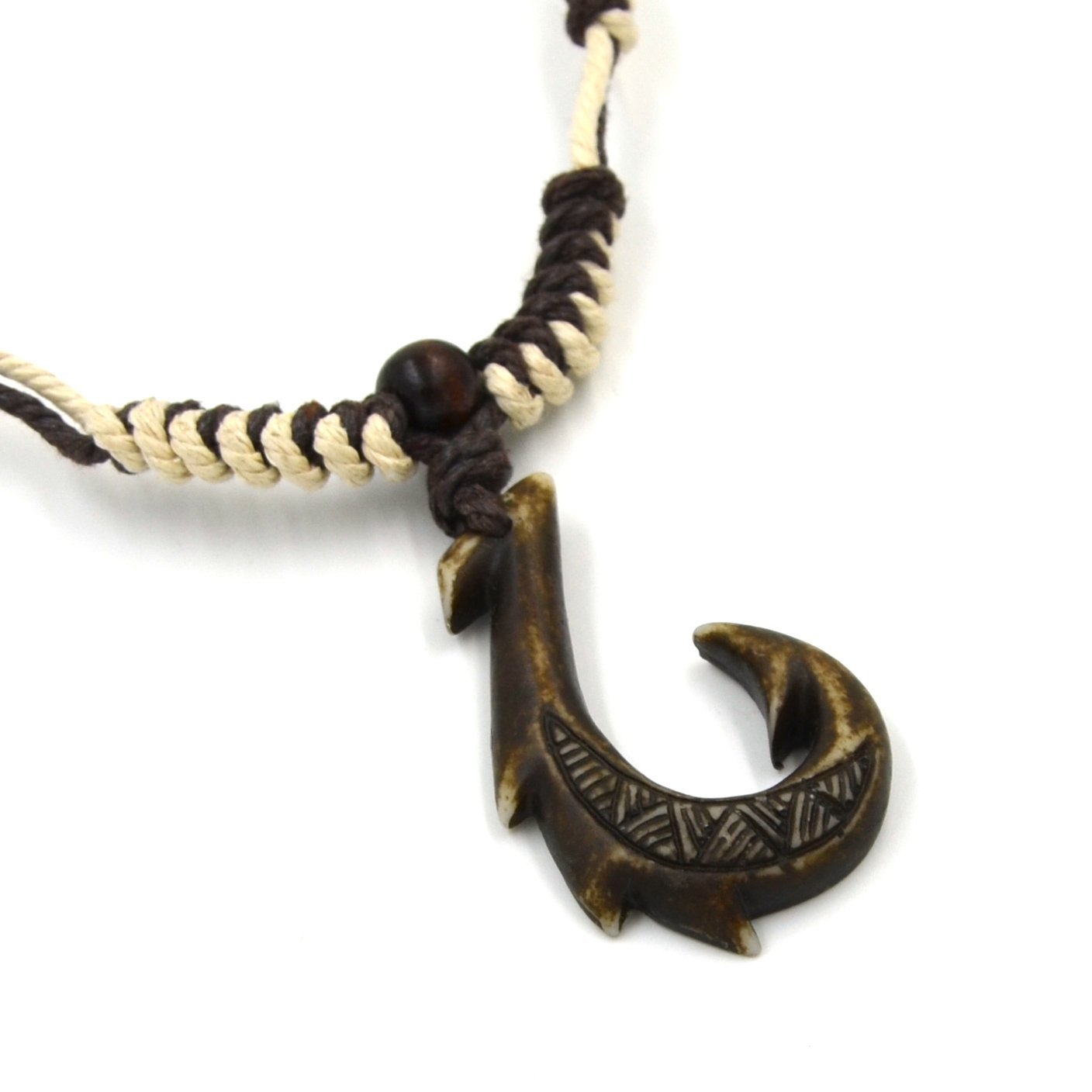 Hawaiian Jewelry Manu Makau Style Fish Hook Necklace with Hawaii Koa Wood Bead