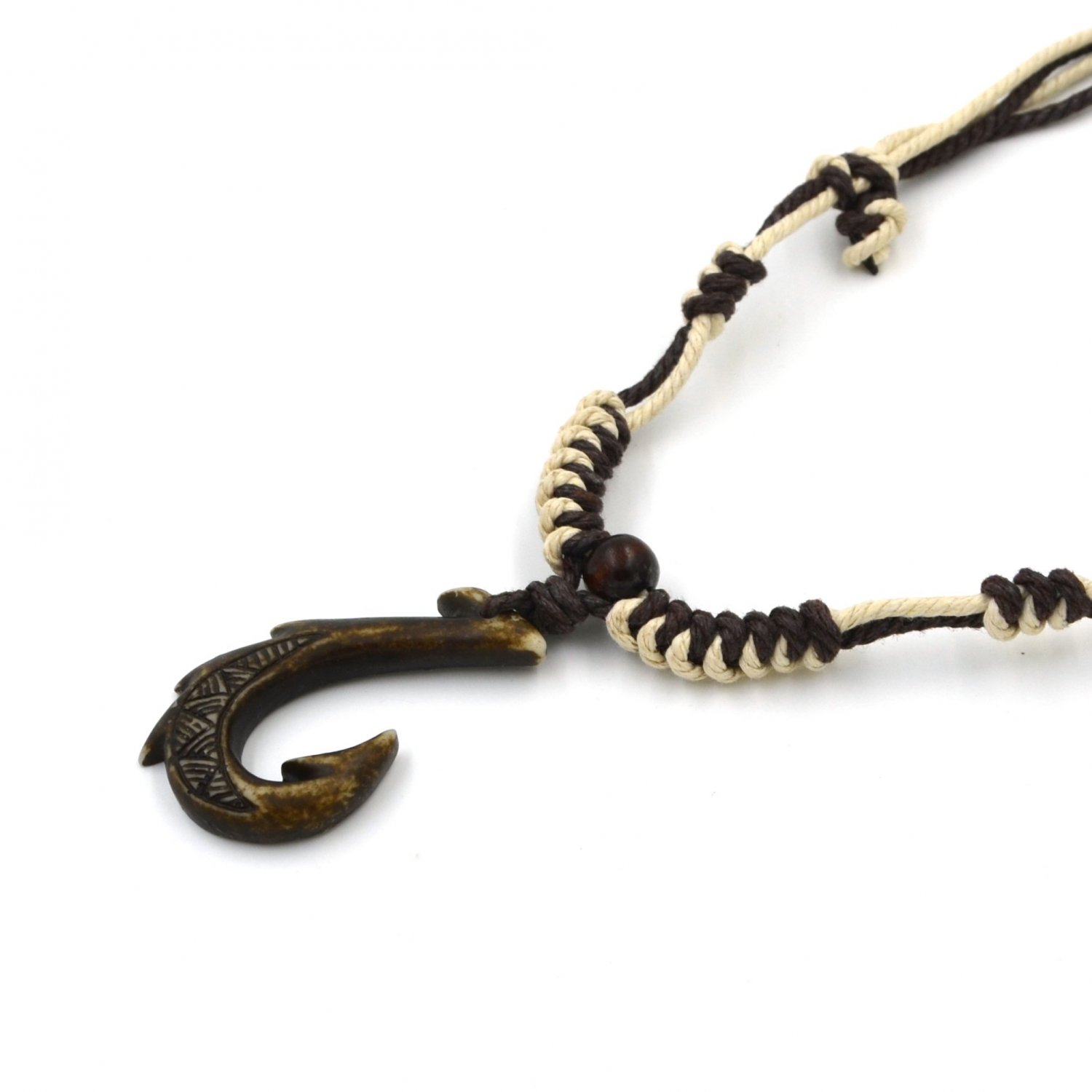 Hawaiian Jewelry Manu Makau Style Fish Hook Necklace with Hawaii Koa Wood Bead
