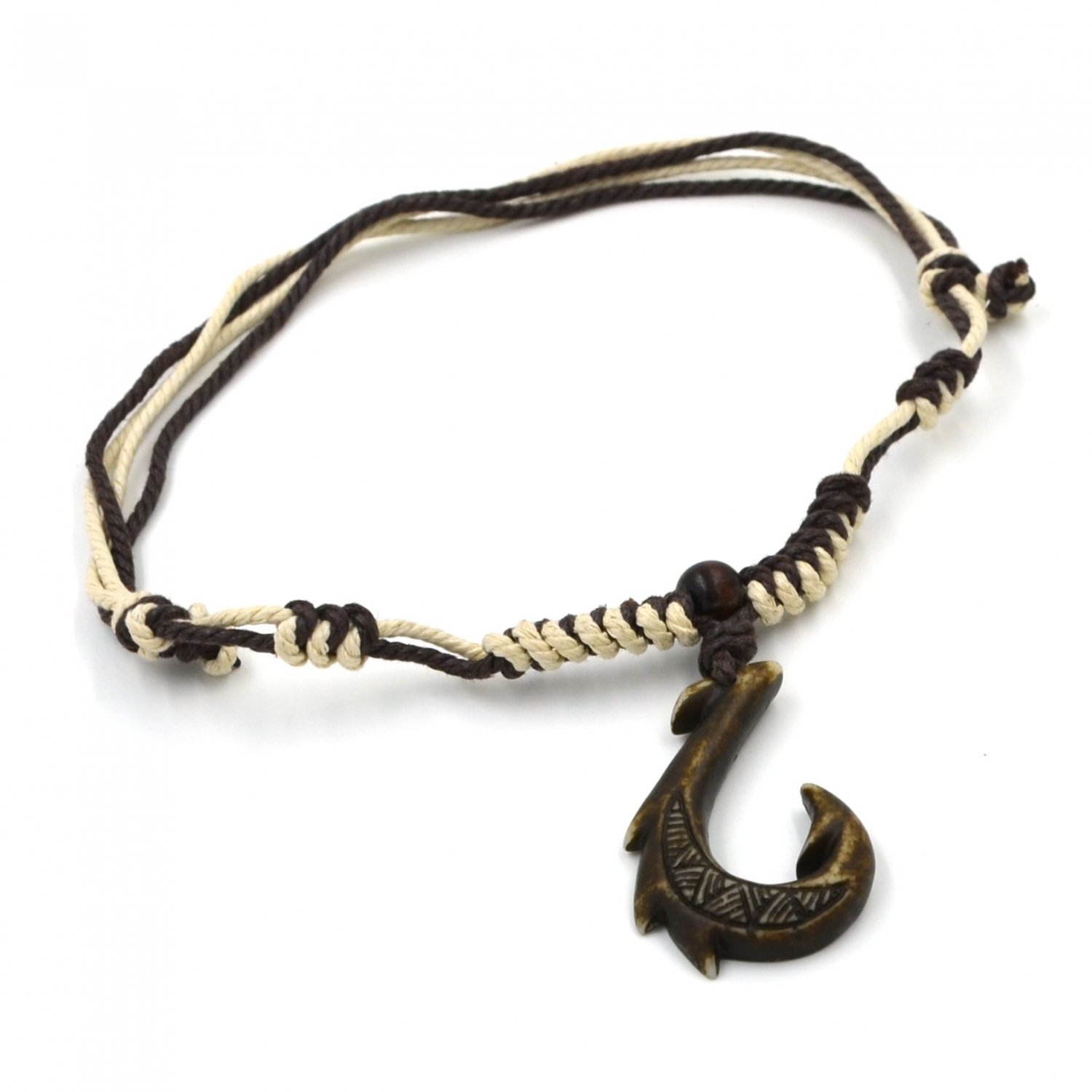 Hawaiian Jewelry Manu Makau Style Fish Hook Necklace with Hawaii Koa Wood Bead