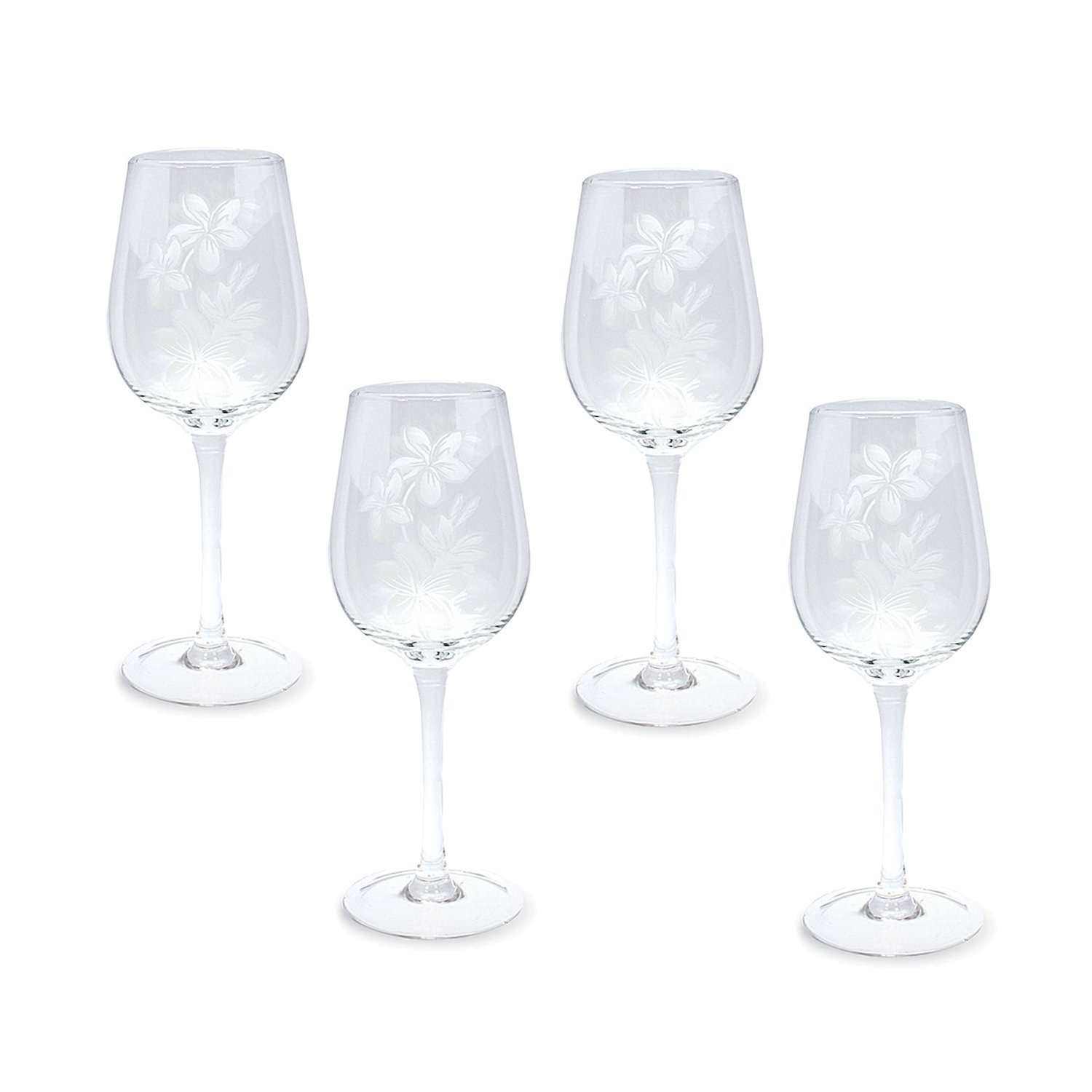 Hawaiian Etched Glass Plumeria Flower Wine Glasses Set of 4