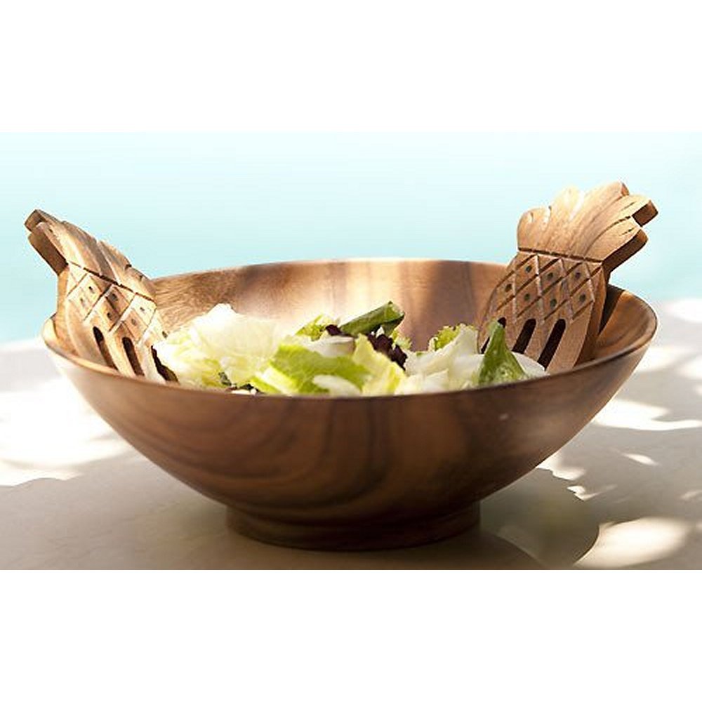 Hawaiian Kamani Wood Pineapple Salad Tossing Hands Fork Servers Utensils