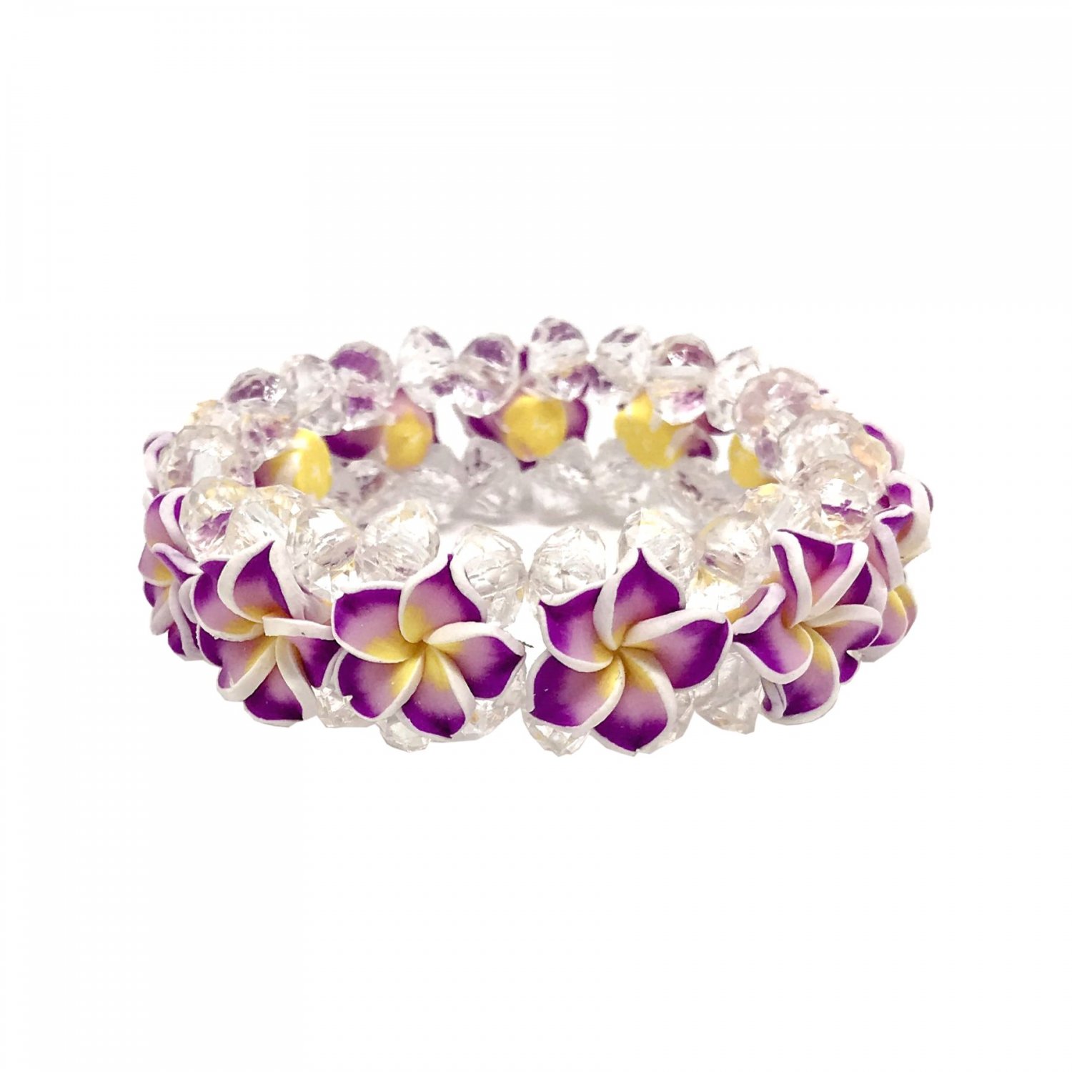 Hawaiian Purple Plumeria Flower Crystal Beads Elastic Bracelet