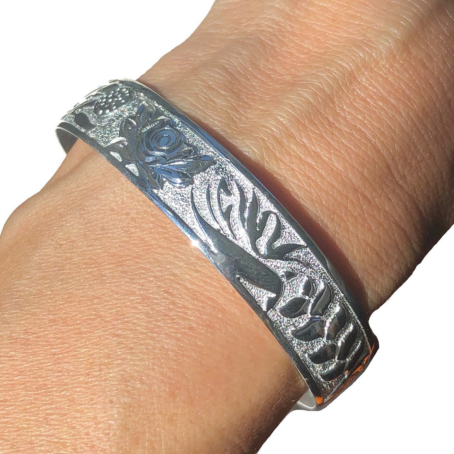 Hawaiian Heirloom Jewelry Sterling Silver 12mm Flower Design Bangle