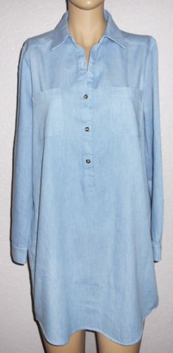 Women's Blue Denim Chambray Long Sleeve Shirt Tunic Dress sz Medium 100% Cotton