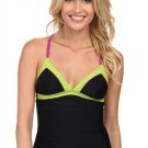NWT prAna Women's Aleka Tankini Top Black w/Lime Magenta Trim sz L