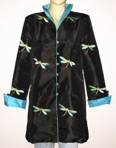 La Cera Evening Wear Blue Black Dragonfly Jacket Womens sz Medium Asian Inspire