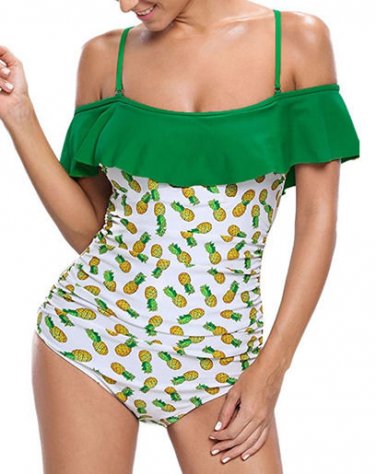 FARYSAYS Stylish Ruffle Off the Shoulder One-Piece Swimsuit sz S Pineapple NWOT