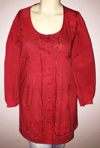 denim 24/7 Plus Size 3X Red Button Front Cotton Tunic Top Embroidered Front