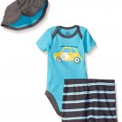 NWT Gerber Baby Boys 3 Piece Bodysuit, Hat, Short Set sz Newborn Surfboard & Car