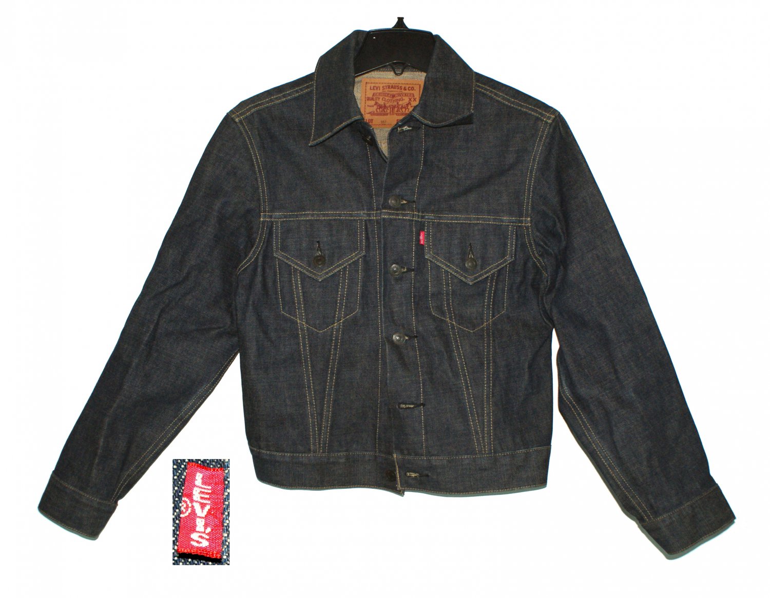 VINTAGE LEVI'S JAPAN BIG E TYPE III DEADSTOCK TRUCKER DARK INDIGO BLUE DENIM JACKET in size 34