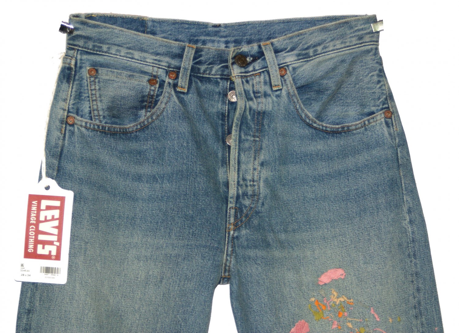 $345 LVC 1955 501 XX 'DO ONE' BIG E SELVEDGE EMBROIDERED SPLATTER DENIM JEANS W28 L34