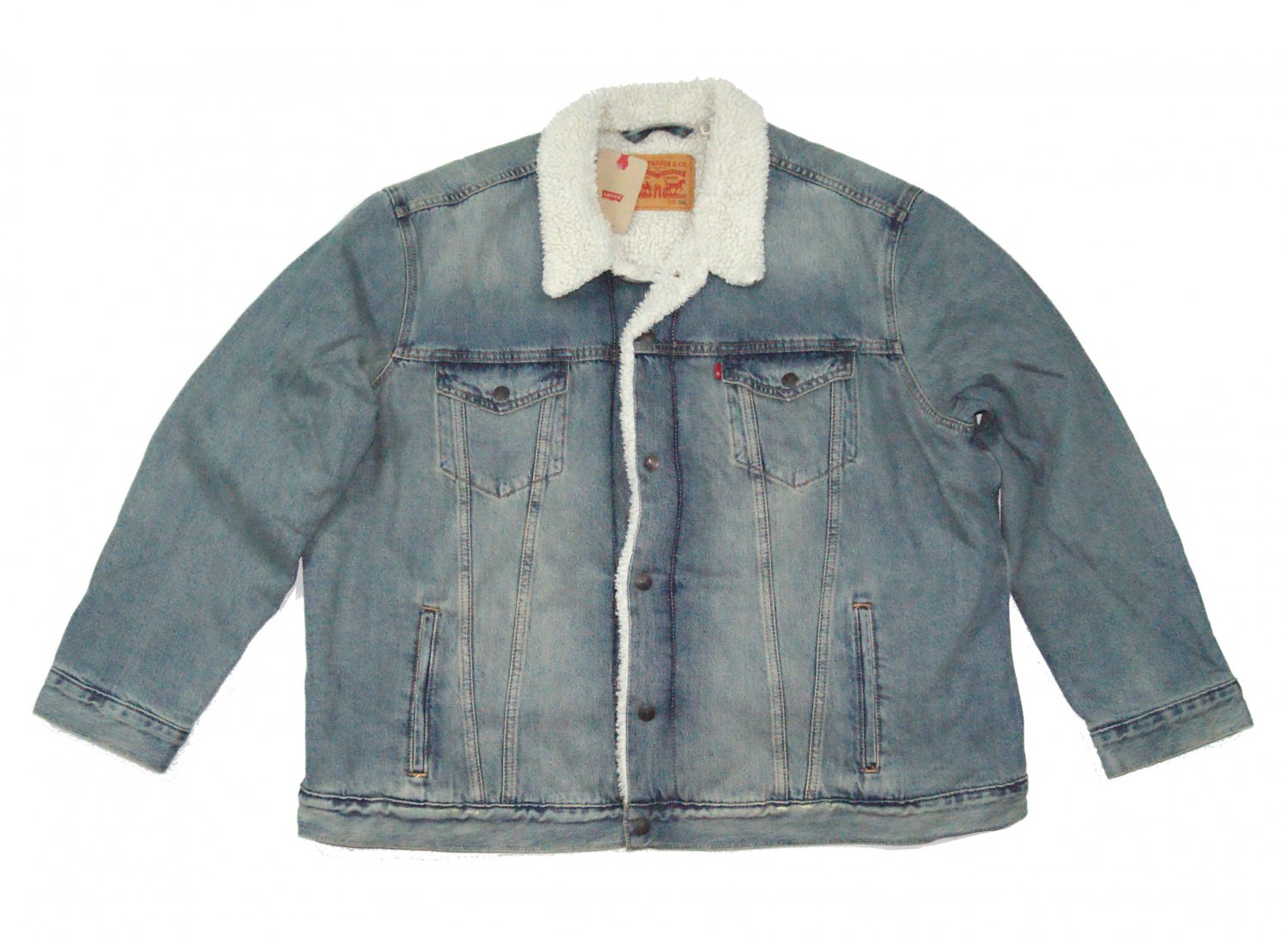 $98.00 LEVI'S SHERPA TRUCKER JACKET DISTRESSED MEDIUM STONEWASH BLUE DENIM SNAP BUTTON in size 3XL