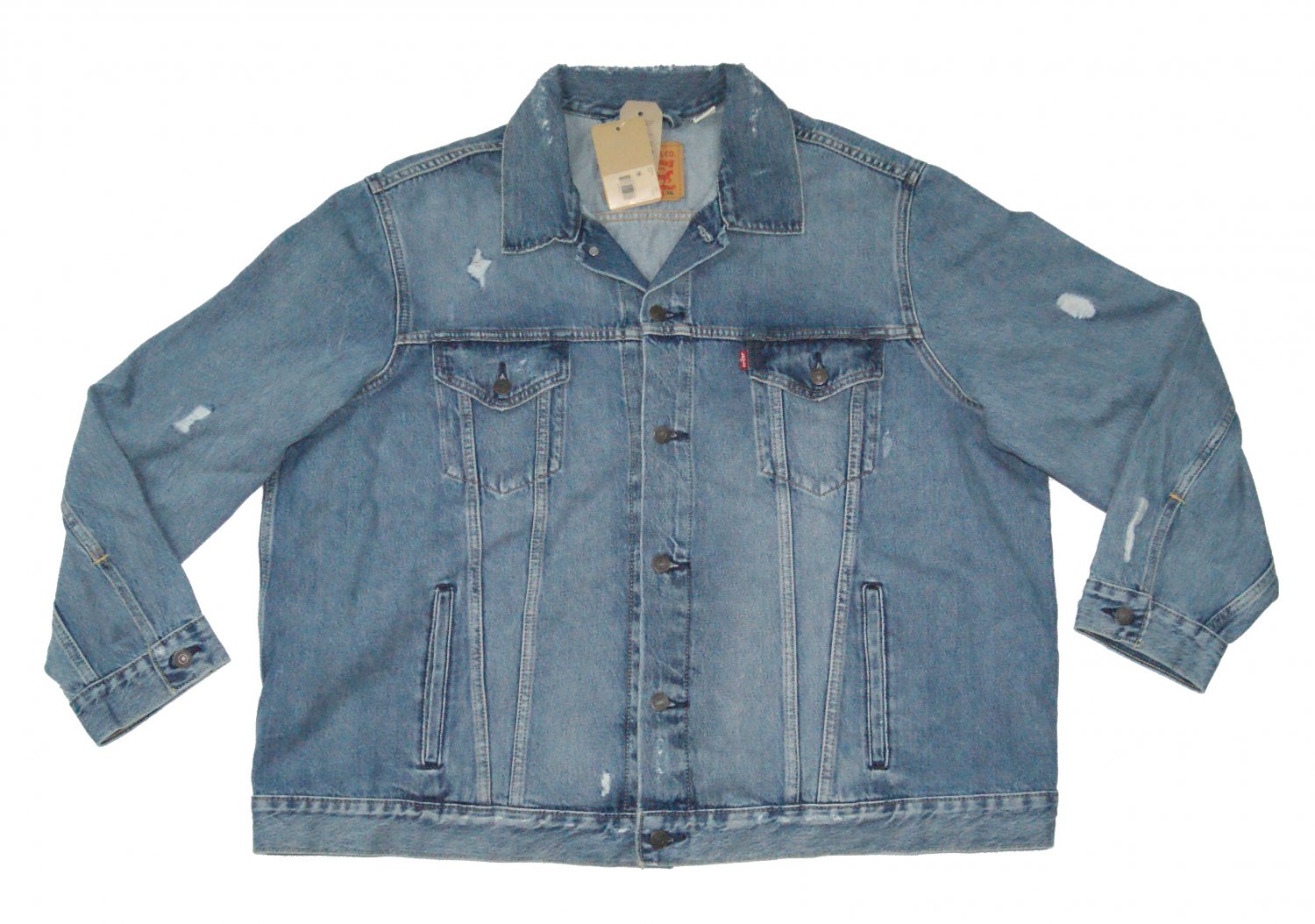 $98.00 LEVI'S TRUCKER JACKET VINTAGE RELAXED MEDIUM STONEWASH BLUE DISTRESSED WATER-LESS DENIM - 3XL