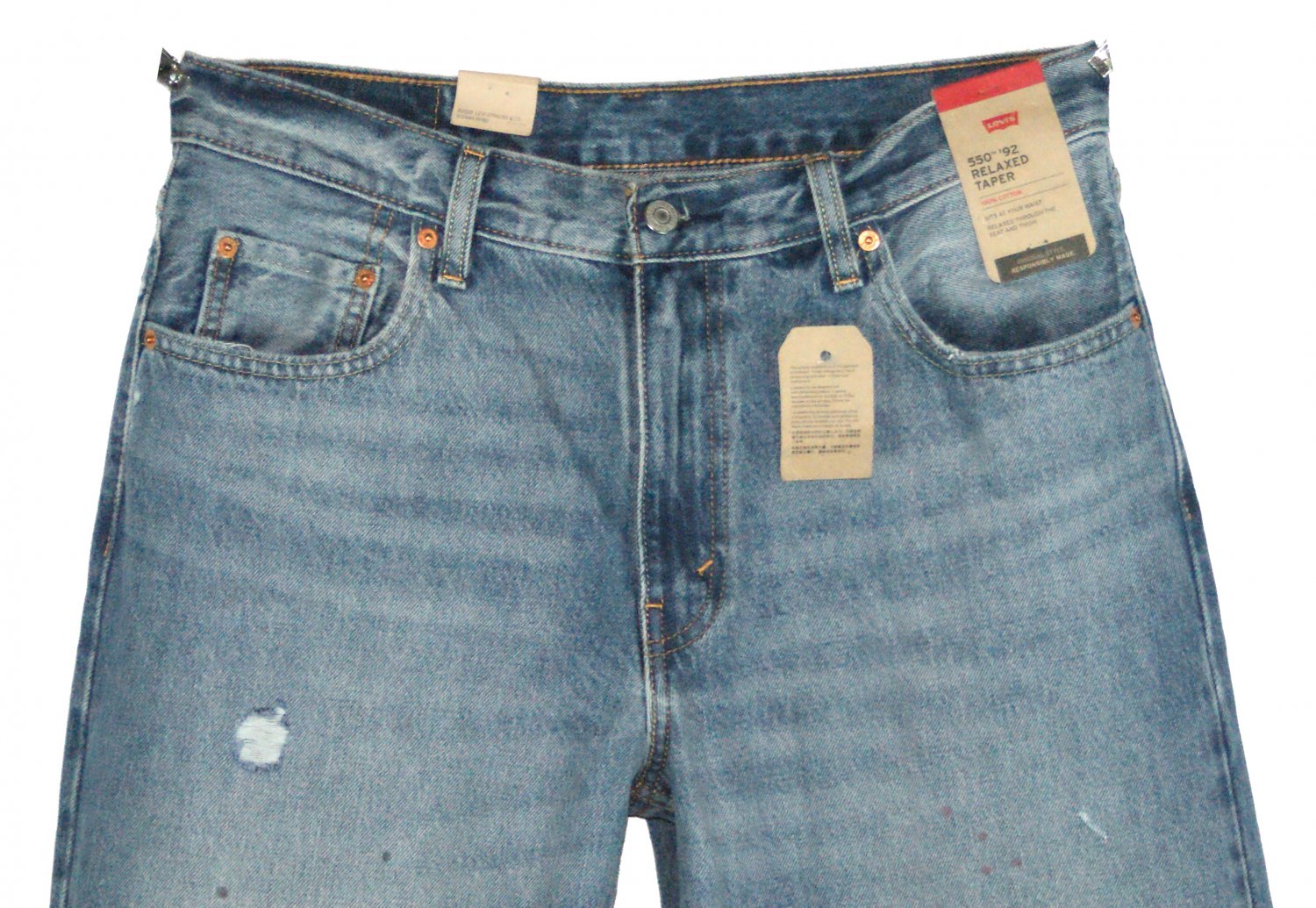 $79.50 LEVI'S 550 '92 RELAXED TAPER 'WHATS GOIN ON' DISTRESSED MEDIUM BLUE DENIM JEANS W33 W32