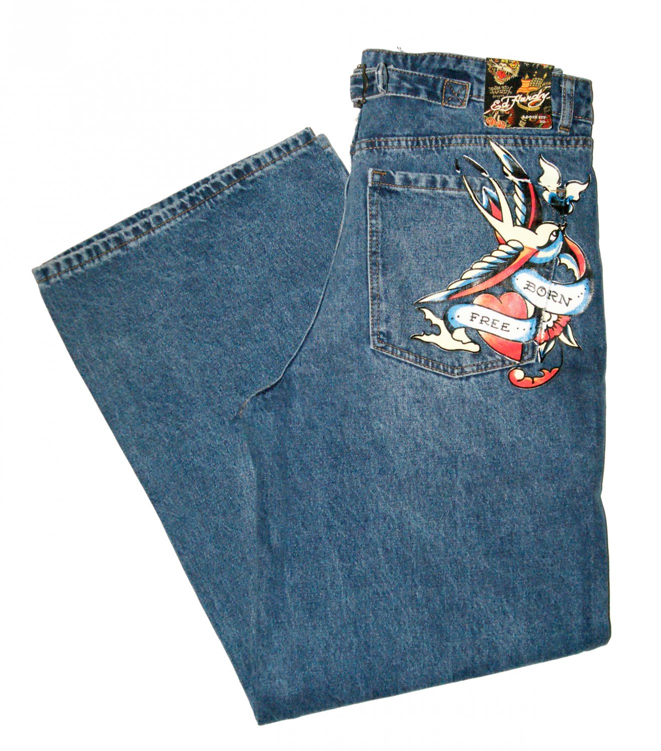 ED HARDY WOMEN'S SKATER LOOSE FIT JEANS BORN FREE PAINTED BIRDS WIDE LEG DENIM JEANS W32
