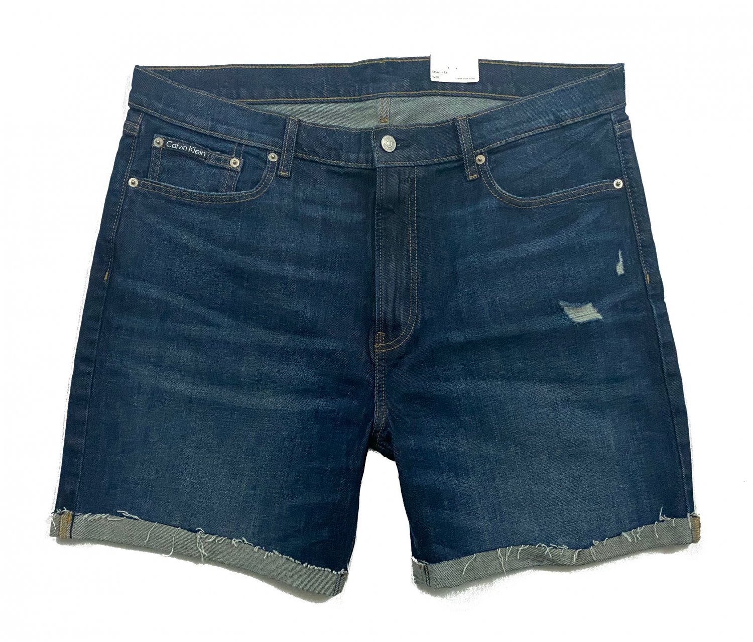 CALVIN KLEIN STRAIGHT FIT SHORTS 'MIAMI RAIN' DISTRESSED CUFFED HIGH STRETCH DENIM SHORTS W38
