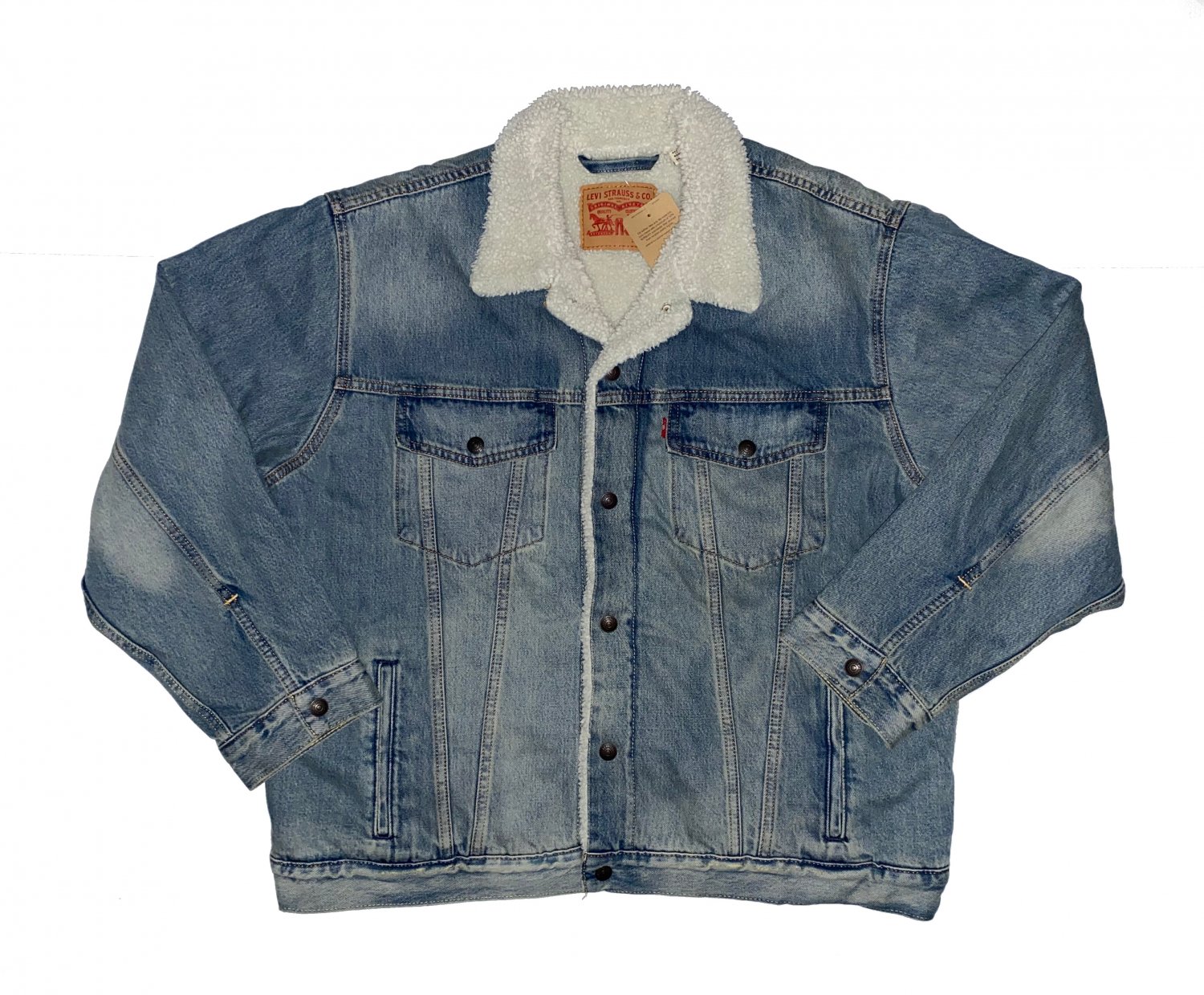 $108.00 LEVI'S SHERPA LINED TRUCKER JACKET SNAP BUTTON MEDIUM STONEWASH BLUE DENIM in size XXL