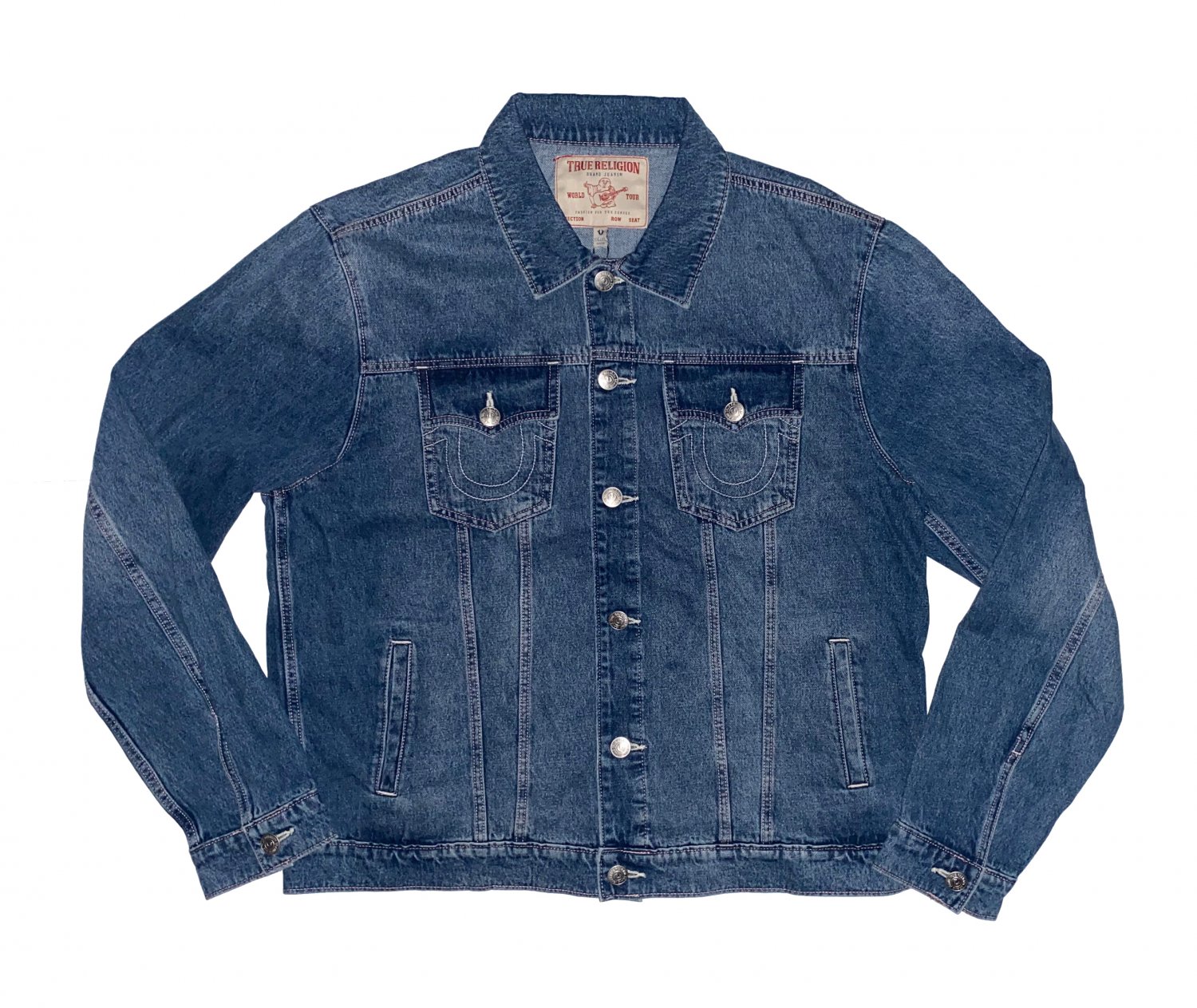$159.00 TRUE RELIGION WORLD TOUR JESSE TRUCKER JACKET IN MEDIUM WINTRY WASH BLUE DENIM JACKET - XXL